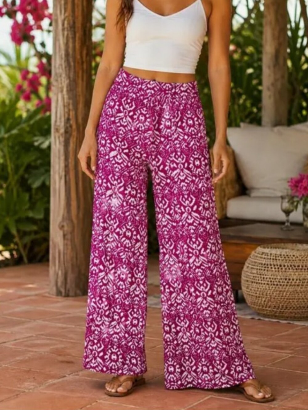 Lauren Ralph Lauren Pink White Ikat Print Wide Leg Palazzo Pants Womens P Medium